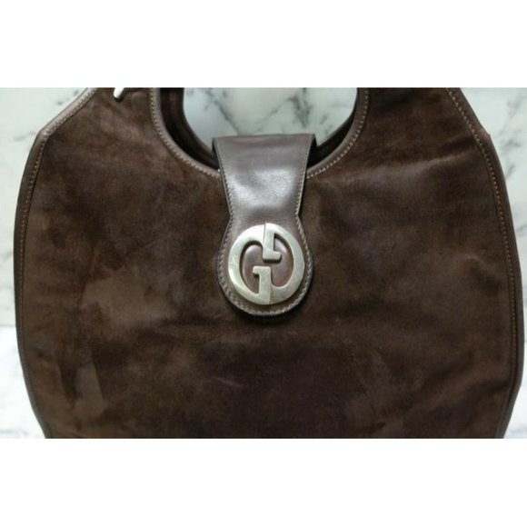 Gucci Brown Top Handle Shoulder Bag Suede Leather Gold GG - Picture 12 of 12